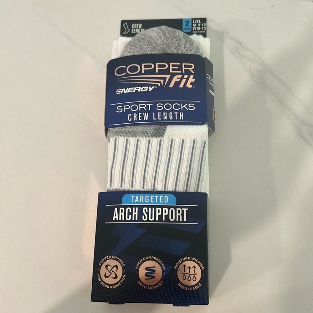 L/XL Copper Fit Energy 2 Pairs Sport Arch Support Crew Socks Compression